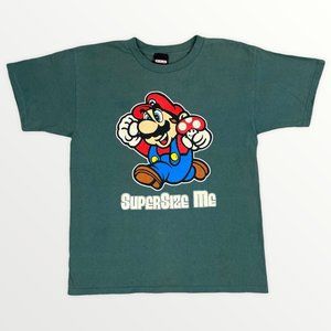 Y2K 2006 Original Nintendo Mario Supersize Me Green T-Shirt Youth XL/Adult M